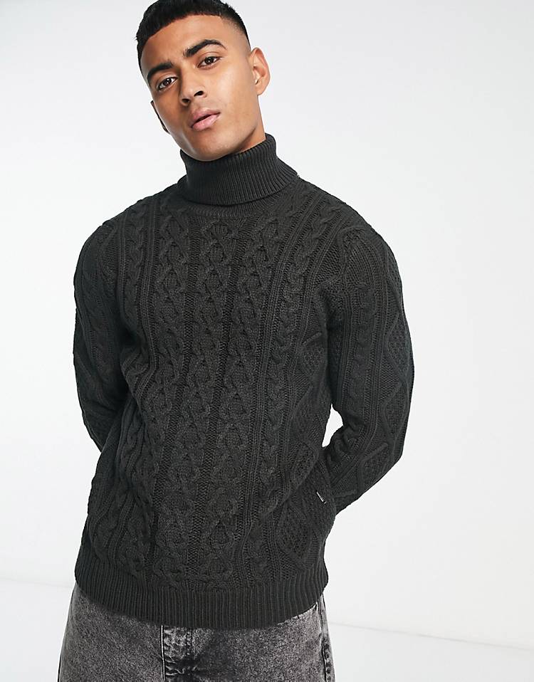 Only & Sons chunky cable knit turtle neck sweater in gray